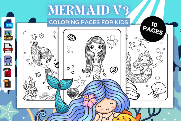 Mermaid V3 Coloring Pages – KDP Graphics Freebies