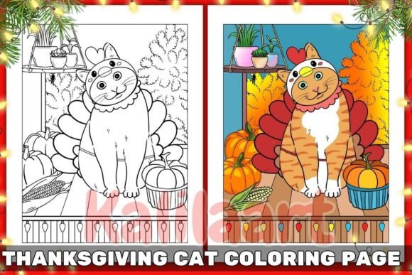 Thanksgiving Cat Coloring Page 05 — Graphics for Kdp Interiors